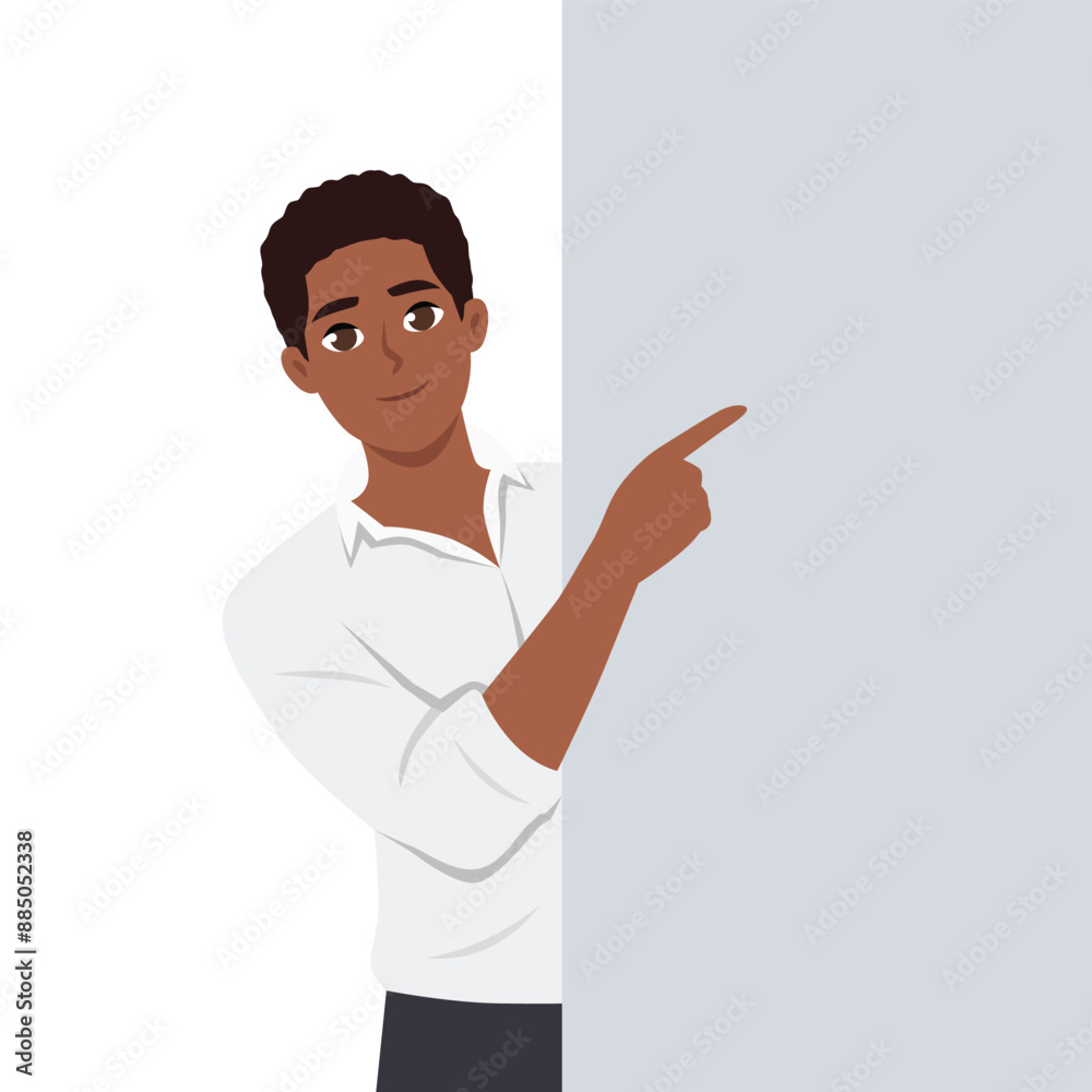 Business man is standing behind the white blank banner and pointing down at a copy space. Flat vector illustration isolated on white background Business man is standing behind the white blank banner and pointing down at a copy space. Flat vector illustration isolated on white background