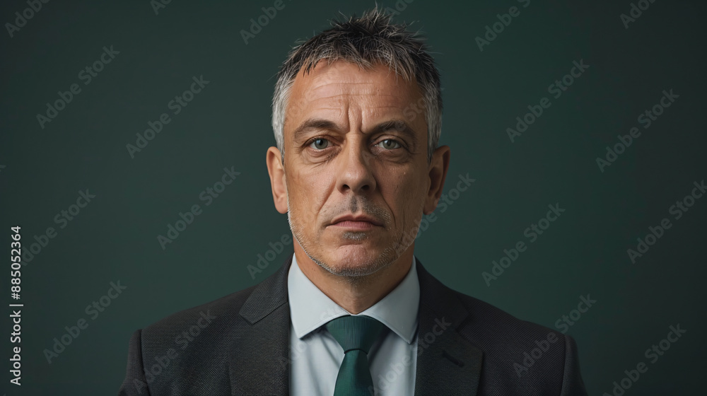 Elegant Middle-Aged Man in Charcoal Gray Suit Against Deep Green Backdrop Elegant Middle-Aged Man in Charcoal Gray Suit Against Deep Green Backdrop