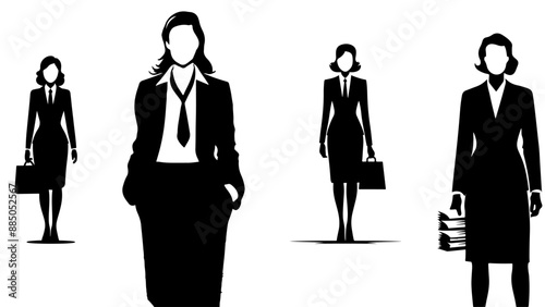 Business women, silhouette of a woman lawyer in full-length suit. Set of minimalistic vector monochrome sketches in clip art style