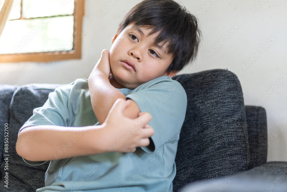 Young asian boy concerned expression itch or skin irritation, children allergy, particularly those related to skin care and health, childhood, health, skin care and medical attention daily life Young asian boy concerned expression itch or skin irritation, children allergy, particularly those related to skin care and health, childhood, health, skin care and medical attention daily life