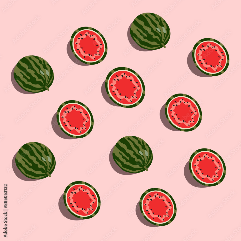 World watermelon day. Summer juicy fruit. Wallpaper with a ripe summer watermelon on a soft pink background. Watermelon whole and cut in half vector illustration 