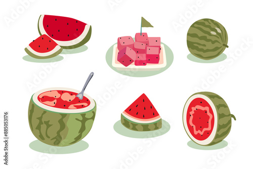 Summertime illustration. Watermelon day. Vector flat summer exotic fruit. Icon set of juicy watermelon cut in half, diced, sliced, watermelon ice cream on a white background