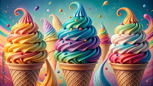 Whimsical illustration of colorful ice cream cones with swirly patterns and drips set against a bright pastel background.