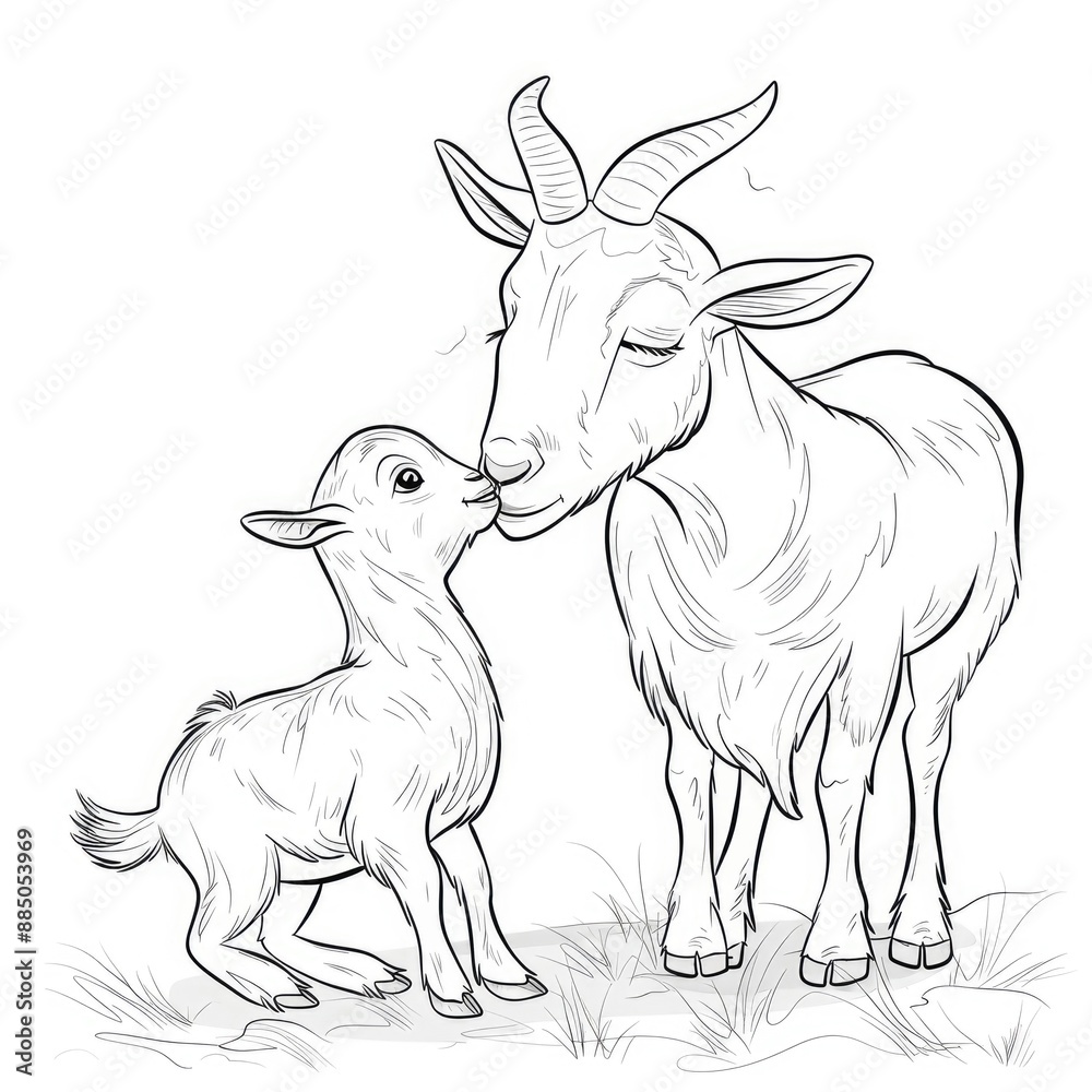 Fototapeta premium Coloring pages of farm animals, featuring a mother goat with her little baby, capturing family warmth