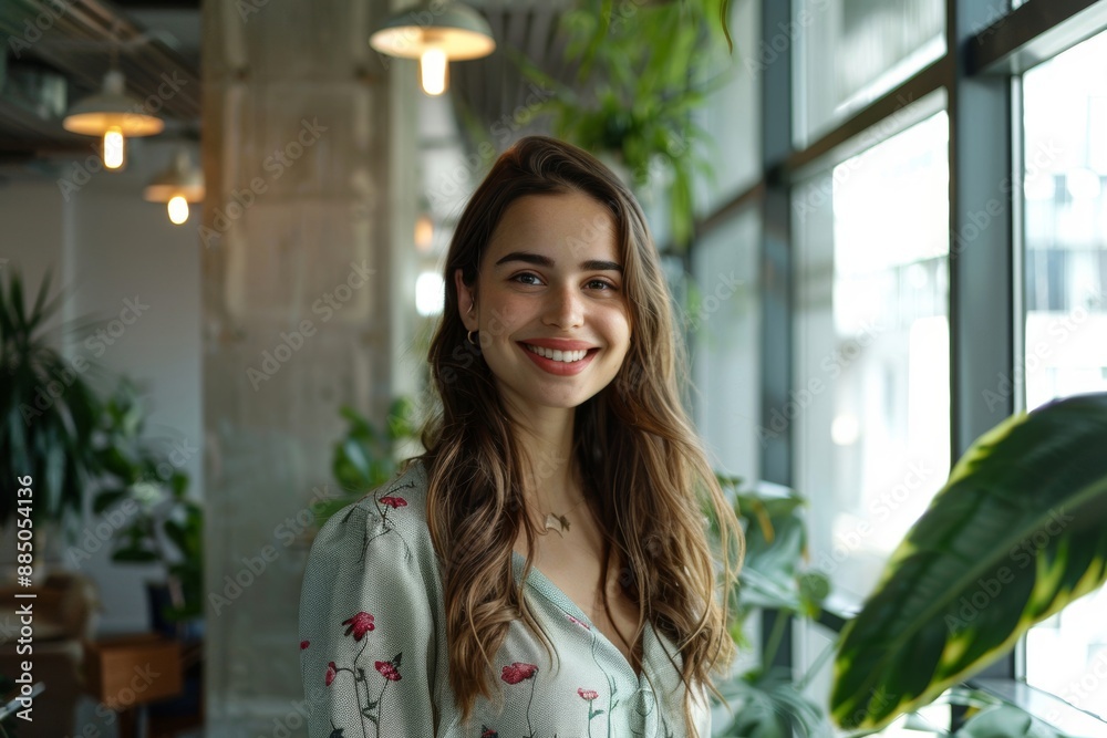A young, beautiful brunette woman stands in a modern office, smiling happily as she looks directly at the camera, exuding confidence and professionalism. A young, beautiful brunette woman stands in a modern office, smiling happily as she looks directly at the camera, exuding confidence and professionalism.