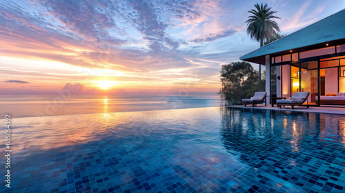 A beautiful ocean view with a house in the background. The house has a pool and terrace. The sky is orange and pink, and the water is calm