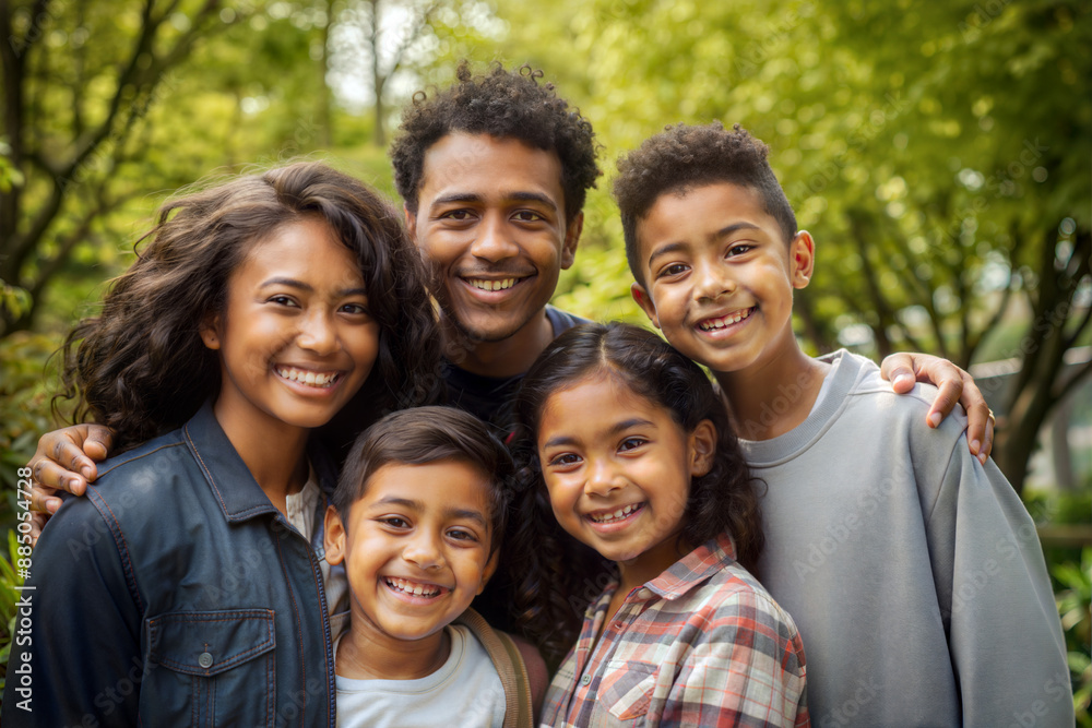 Smiling multi ethnic family in the park with green trees background Smiling multi ethnic family in the park with green trees background