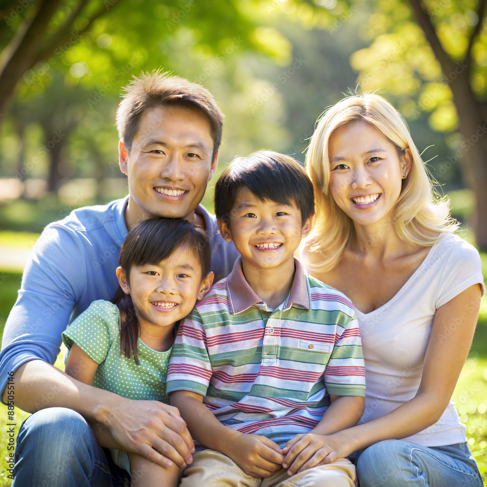 Smiling multi ethnic family in the park with green trees background Smiling multi ethnic family in the park with green trees background