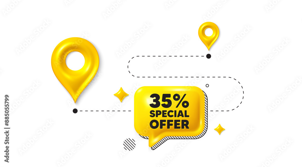 Road journey position 3d pin. 35 percent discount offer tag. Sale price promo sign. Special offer symbol. Discount message. Chat speech bubble, place banner. Yellow text box. Vector Road journey position 3d pin. 35 percent discount offer tag. Sale price promo sign. Special offer symbol. Discount message. Chat speech bubble, place banner. Yellow text box. Vector