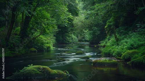 Serene forest river with calm water and lush green trees. Peaceful nature scene perfect for relaxation and tranquility.