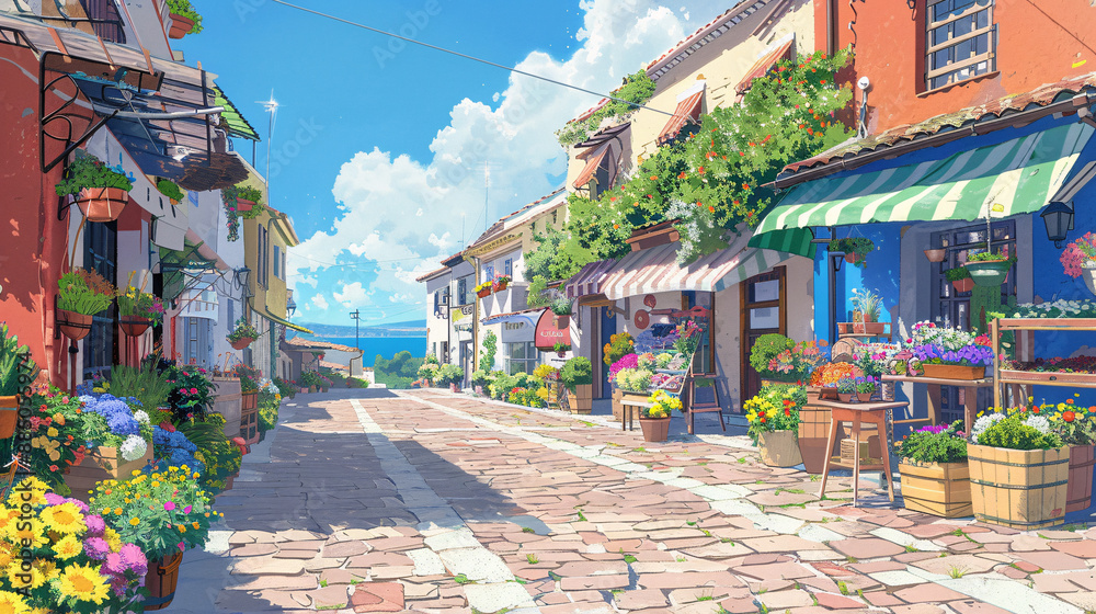 Obraz premium Sun-kissed Market Delight: Vibrant Mediterranean Village Street with Fresh Produce and Handmade Goods