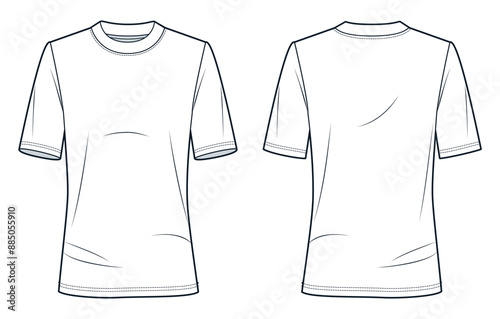 Basic T-Shirt fashion flat tehnical drawing template. Unisex T-Shirt technical fashion illustration, slim fit, front and back view, white, women, men, unisex CAD mockup set.