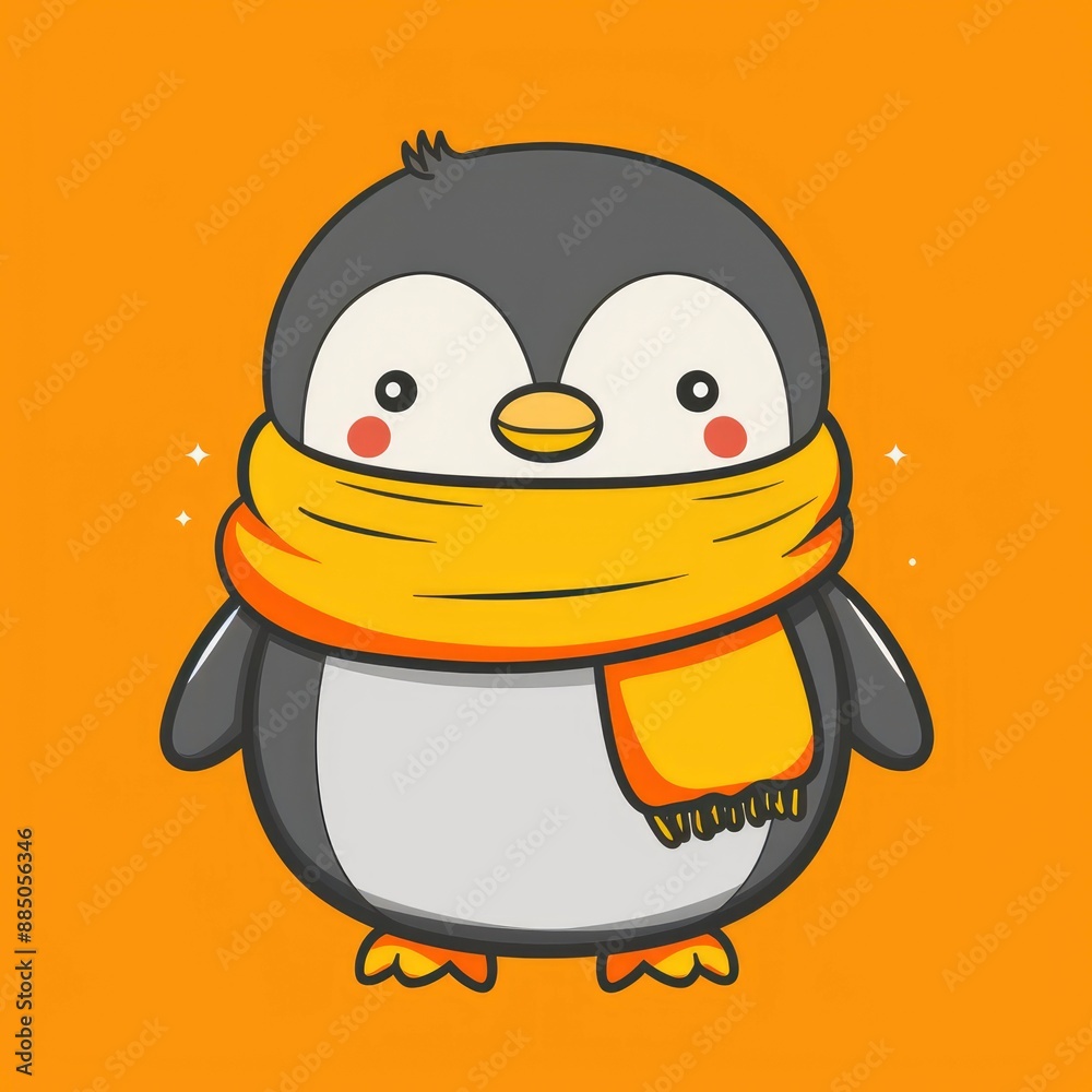 Obraz premium A kawaii penguin in a scarf, a cute cartoon character with a funny and endearing outline illustration
