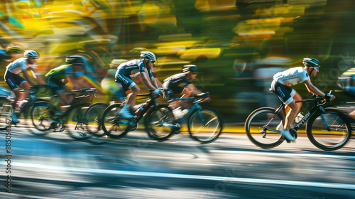 Cyclist in a Race: Photograph of a Cyclist in a Peloton During a Competitive Road Race