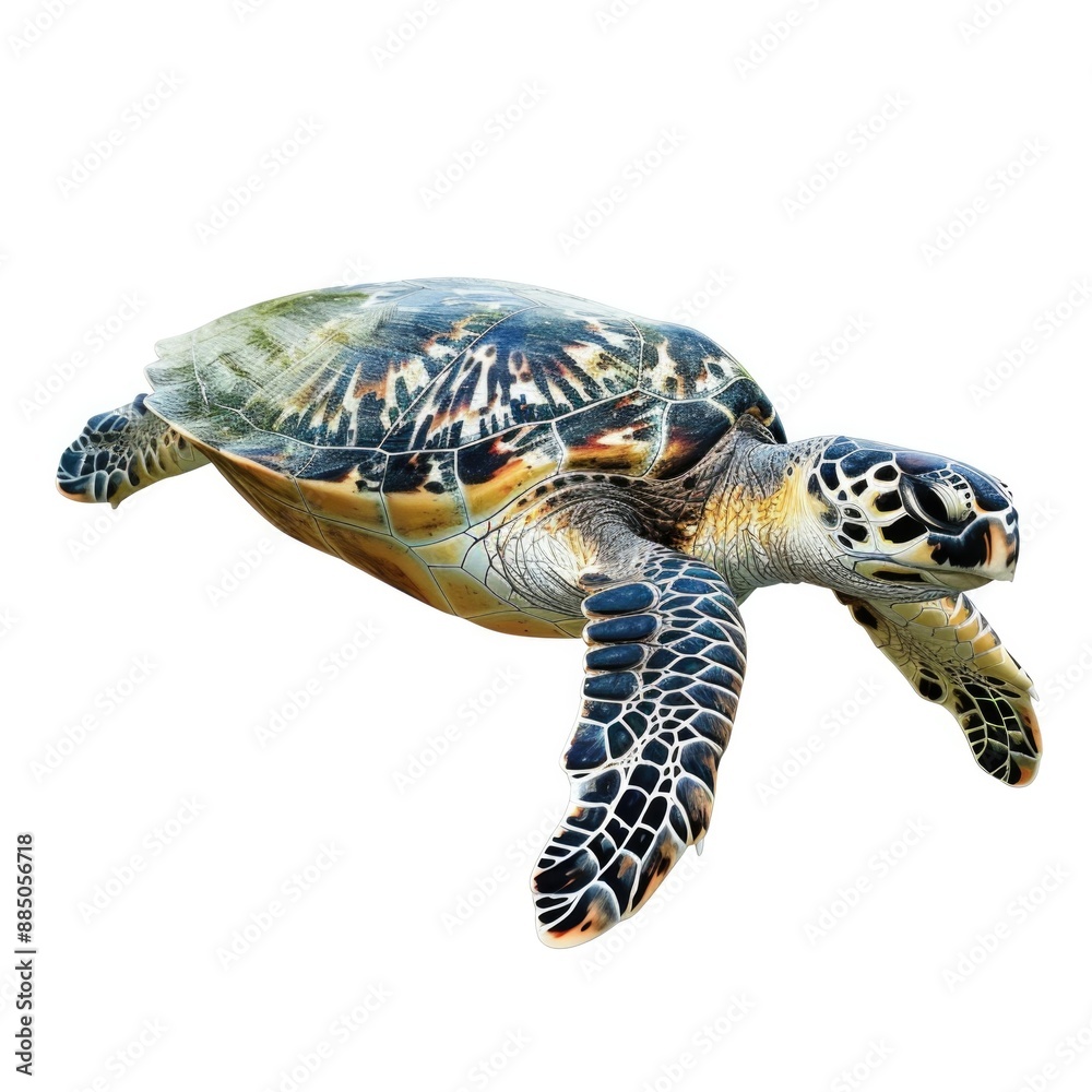 Obraz premium Underwater Isolated. Turtle in Ocean - White Background, Sea Turtle Marine Life