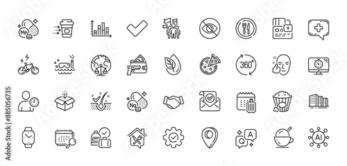 Scuba diving, Execute and Anti-dandruff flakes line icons pack. AI, Question and Answer, Map pin icons. Tick, Medical chat, Food delivery web icon. Buildings, Magistrates court, Food pictogram. Vector