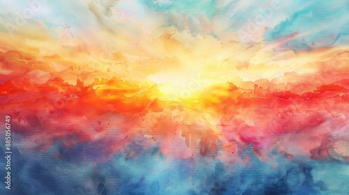 Watercolor Sunrise. Abstract Background with Artistic Painting of Sunrise © Alona