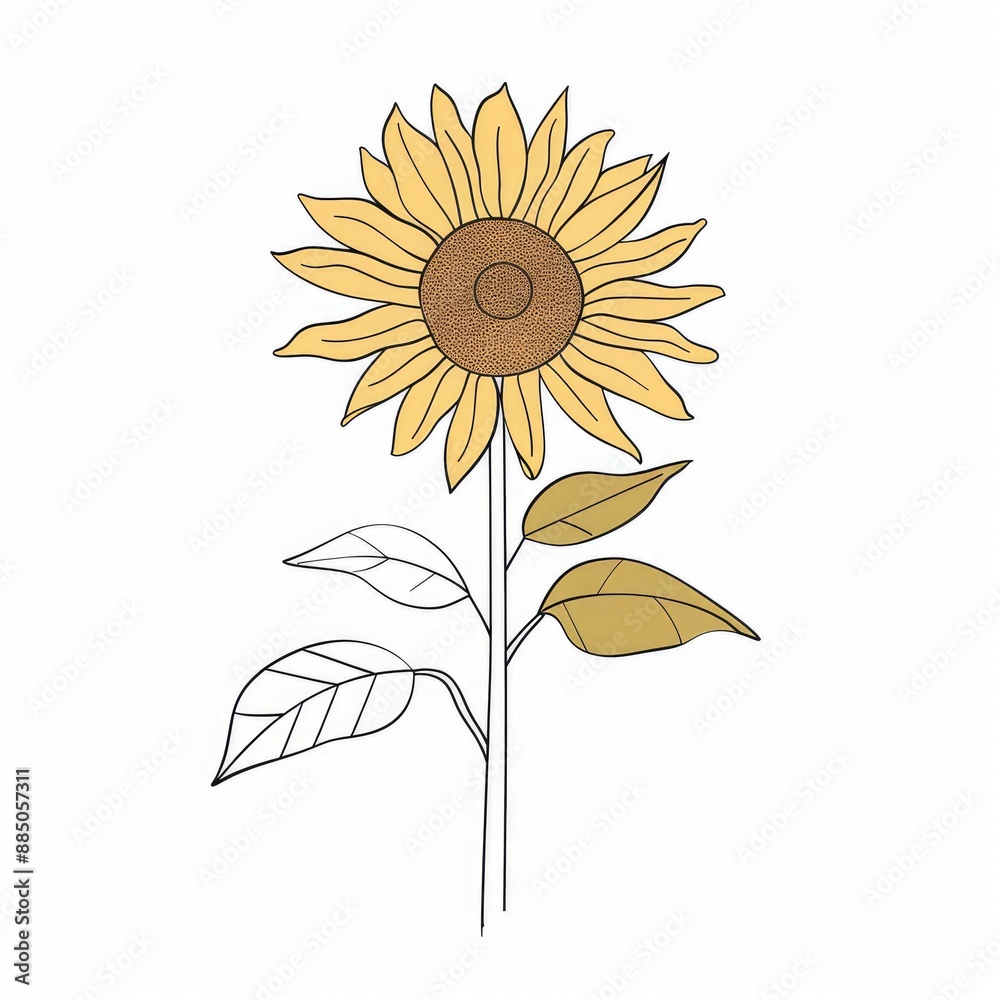 Fototapeta premium A minimalist contour drawing of a sunflower, with a vector illustration in flat style