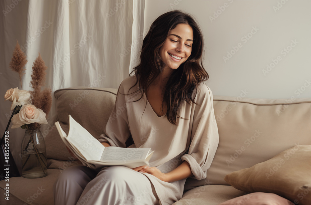 Woman Relaxing On A Cozy Couch At Home Reading A Book And Smiling In A Serene Setting Woman Relaxing On A Cozy Couch At Home Reading A Book And Smiling In A Serene Setting
