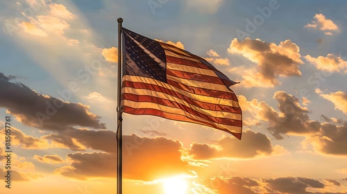 An inspiring image of the American flag waving proudly against a backdrop of a warm sunset sky.