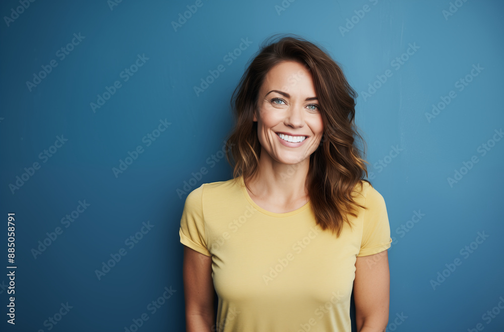 Smiling Woman In A Yellow Shirt Standing Against A Blue Wall Looking Confident And Happy With Casual Style