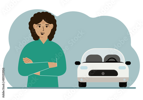Happy woman next to a beautiful white car. Vector flat illustration