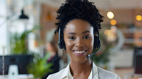 Professional customer service rep with headset in modern office