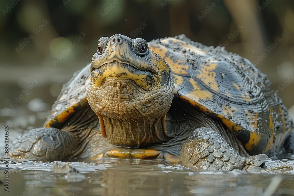 A Yangtze giant softshell turtle emerging from a muddy riverbank, its large, flat shell and elongated neck seen clearly in the afternoon light. A Yangtze giant softshell turtle emerging from a muddy riverbank, its large, flat shell and elongated neck seen clearly in the afternoon light.