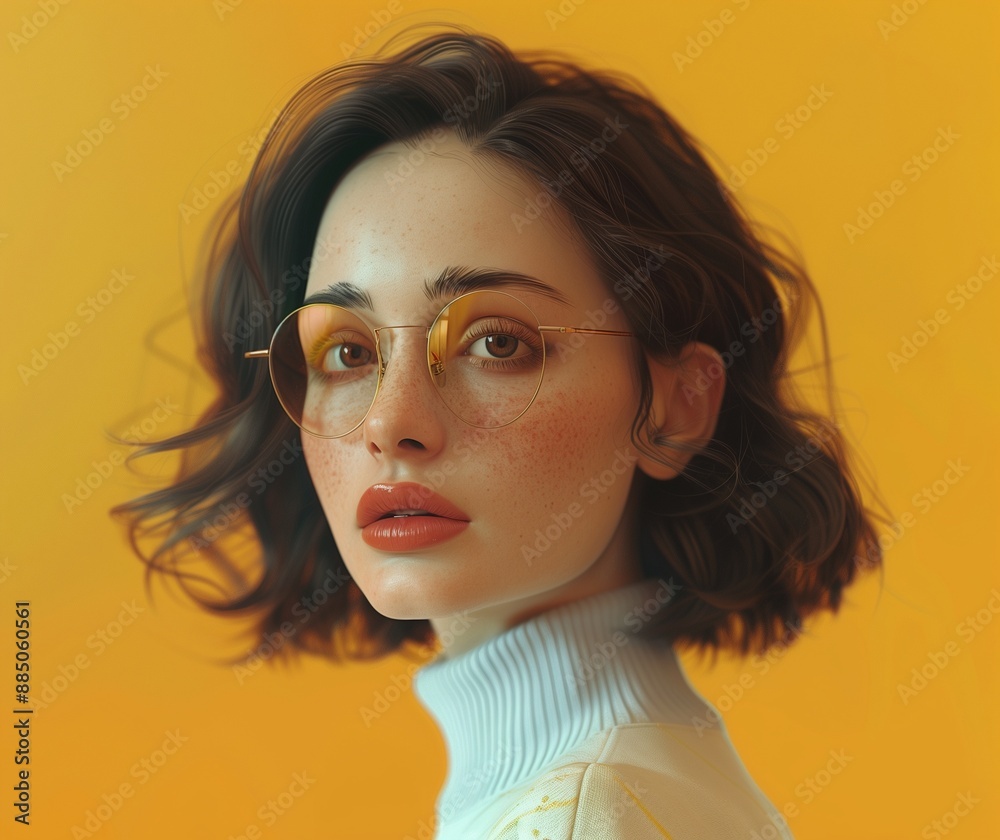Stylish Young Woman with Glasses in Trendy Outfit Against Bright Yellow Background Illustration. Modern Fashion Female Portrait with Freckles and Short Hair. Stylish Young Woman with Glasses in Trendy Outfit Against Bright Yellow Background Illustration. Modern Fashion Female Portrait with Freckles and Short Hair.