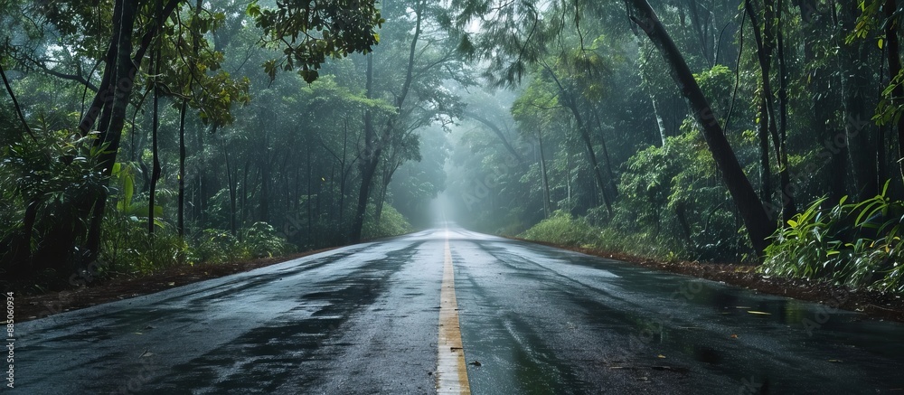 Fototapeta premium Road in the rainforest with fog and mist, nature background.