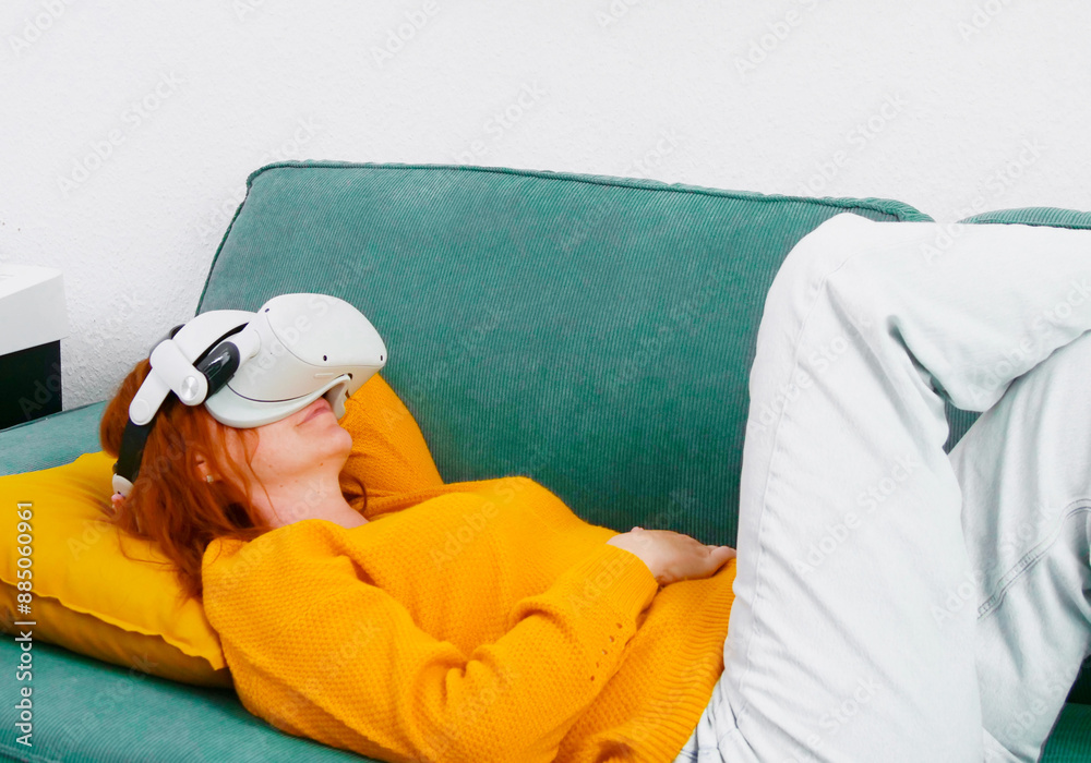 woman playing VR glasses. Sport in virtual reality. The concept of metaverse, virtual reality, future, technology and internet of things.