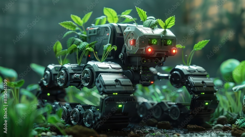 Smart robotic farmers concept, robot farmers, Agriculture technology, Farm automation. 3D illustration Smart robotic farmers concept, robot farmers, Agriculture technology, Farm automation. 3D illustration