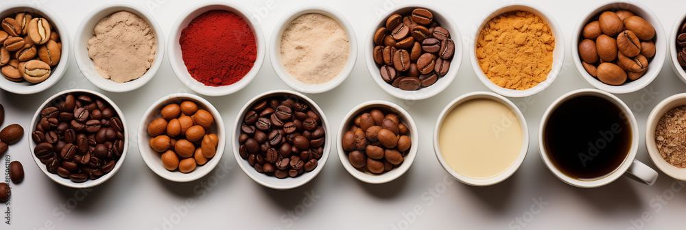 Ingredients for making coffee, flat lay, white isolated background Ingredients for making coffee, flat lay, white isolated background
