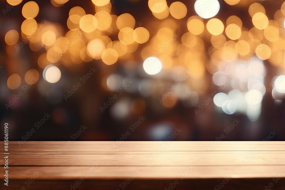 Empty wooden table for product display with defocused bokeh Christmas fair lights background Empty wooden table for product display with defocused bokeh Christmas fair lights background