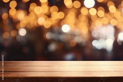 Empty wooden table for product display with defocused bokeh Christmas fair lights background