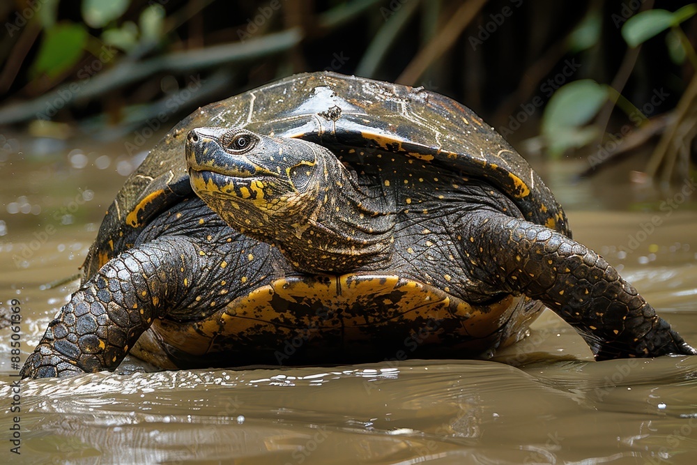 Fototapeta premium A Yangtze giant softshell turtle emerging from a muddy riverbank, its large, flat shell and elongated neck seen clearly in the afternoon light. 