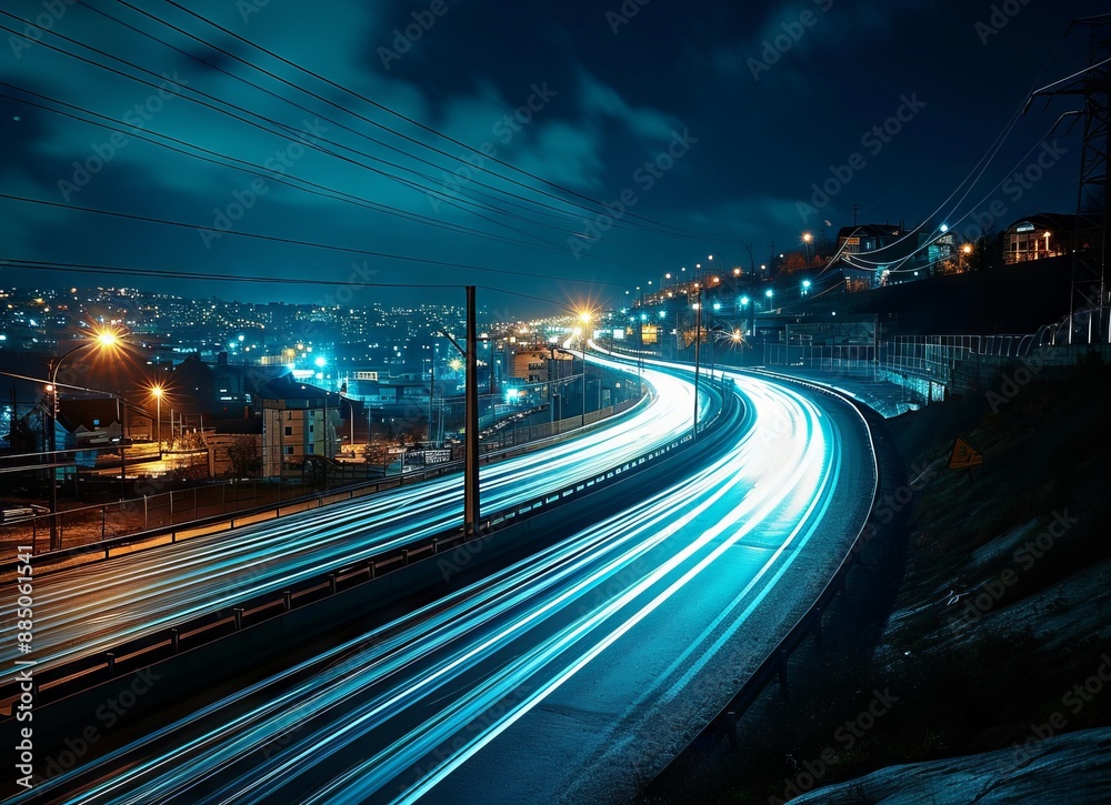 Lights of moving cars at night with cityscape background long exposure Lights of moving cars at night with cityscape background long exposure