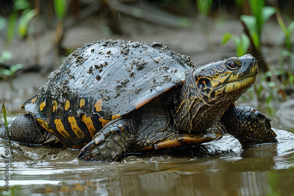 A Yangtze giant softshell turtle emerging from a muddy riverbank, its large, flat shell and elongated neck seen clearly in the afternoon light. A Yangtze giant softshell turtle emerging from a muddy riverbank, its large, flat shell and elongated neck seen clearly in the afternoon light.