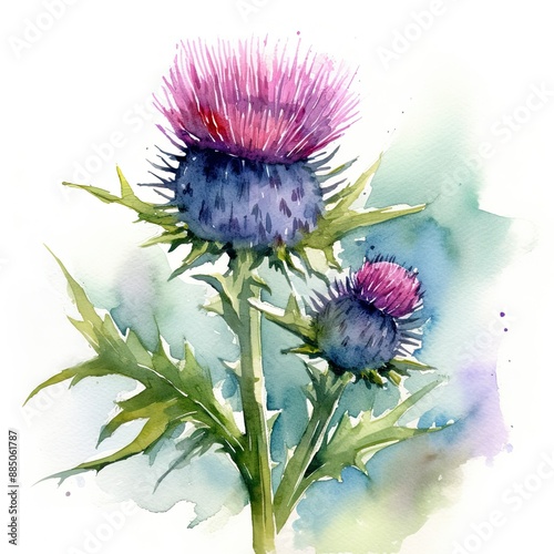 Milk Thistle, Flower Watercolor Painting Illustration.