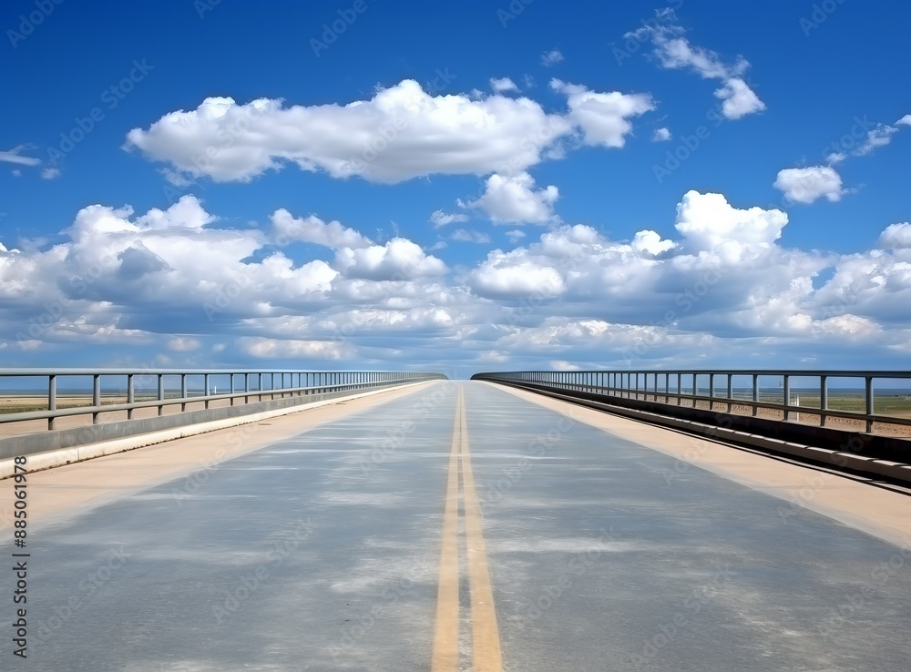 Asphalt road under blue sky with white clouds, perspective view. Asphalt road under blue sky with white clouds, perspective view.