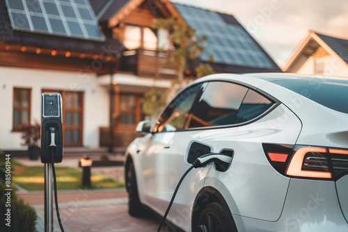 Wallpaper Mural A white electric car charging in the driveway of a contemporary home with solar panels, highlighting eco-friendly technology and sustainable living. Torontodigital.ca
