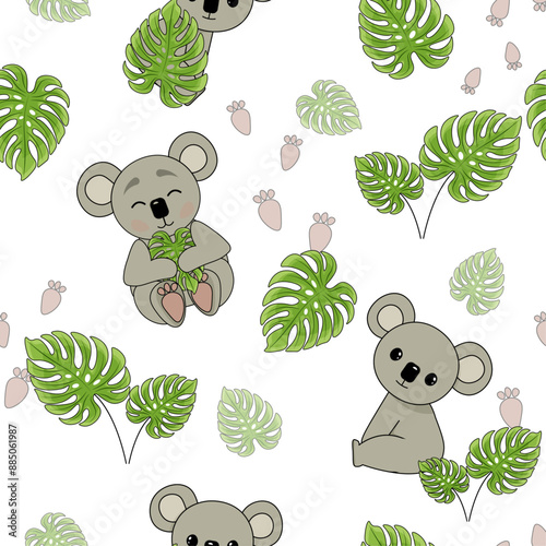 Canvas Print koala pattern with leaves, pattern for baby clothes, seamless pattern with koala
