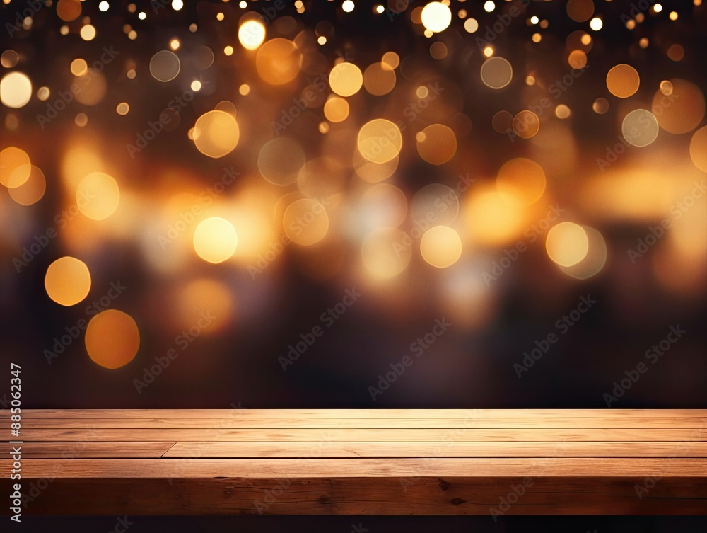 Empty wooden table for product display with defocused bokeh Christmas fair lights background Empty wooden table for product display with defocused bokeh Christmas fair lights background