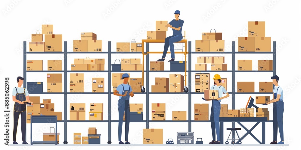 Illustration of a busy warehouse scene where workers in yellow safety helmets and uniforms efficiently manage and organize inventory. Illustration of a busy warehouse scene where workers in yellow safety helmets and uniforms efficiently manage and organize inventory.