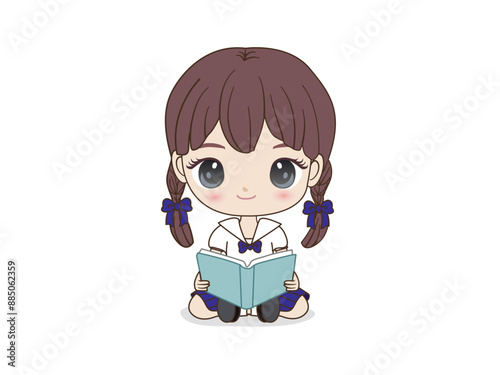 Vector cartoon style cute girl holding a book, reading on a white background, clearly isolated as a teaching aid for educational presentations.