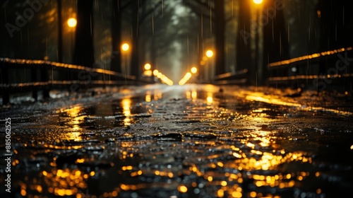 Raindrops on the asphalt in the city at night. Shallow depth of field. photo