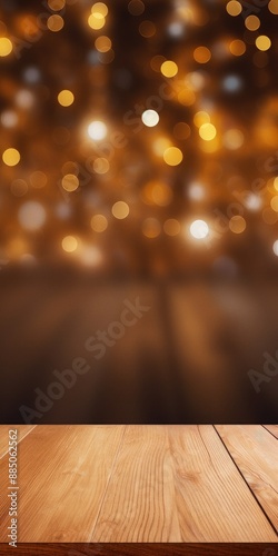 Empty wooden table for product display with defocused bokeh Christmas fair lights background © Stefan