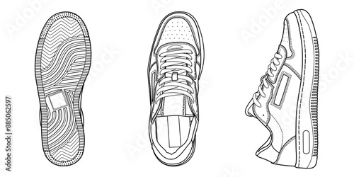 Set of hand drawn sneakers of retro vintage disign, gym shoes, top view. Image in different views - front, back, top, side, sole and 3d view. Doodle vector illustration.
