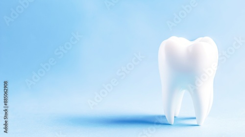 Close-up of a white tooth on a blue background with free place for text. Dental medical background.