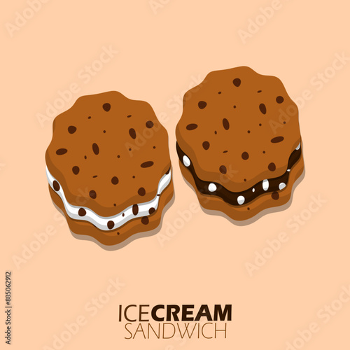 National Ice Cream Sandwich Day event food banner. Two ice cream sandwiches with vanilla and chocolate flavors on light brown background to celebrate on August 2nd
